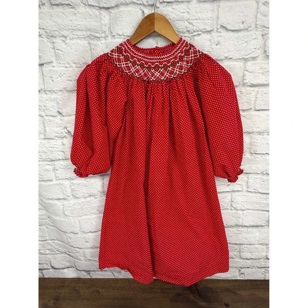 Girls Red Polka Dot Smocked Christmas Holiday Dress Size 6 Bishop Sleeve